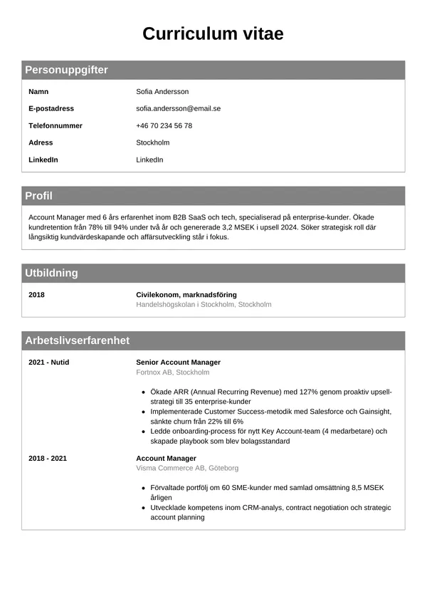 CV-sjabloon voorbeeld: CV-sjabloon met één kolom — het veiligste voor ATS